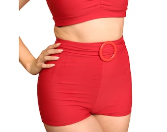 Solid Red Vintage Style Rounded Buckle High Waist Swim Shorts