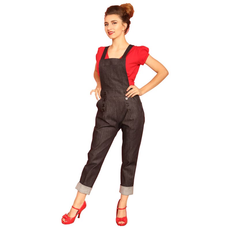 Ladies Vintage Workwear, Casual Clothing Retro Blue Denim Faux Button Stretch Overall Jeans $64.00 AT vintagedancer.com