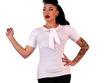 1950s Vintage Style Puff Sleeve Bow Top  White