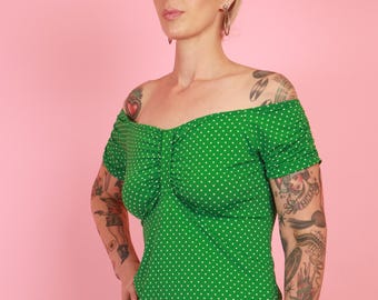 1950's Vintage Green/White Polka Dot Off The Shoulder Top