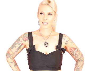 1950s Vintage Style Black Bows Swim Top