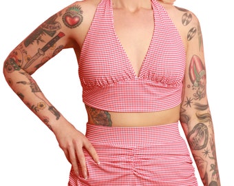 1950s Vintage Style Red & White Gingham Halter Swim Top / High Waist Swim Skirt Bottom