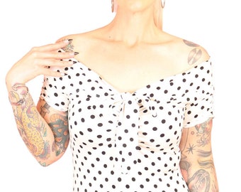 1950s Vintage Style Women's Vintage Pin-Up White/Black Polka Dot Off the Shoulder Top