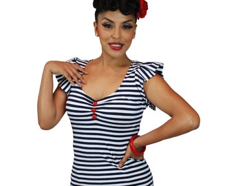 1950's Vintage Style Pinky Pinups Navy/White Striped Ruffle Top