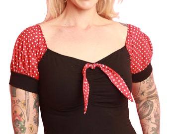1950s Vintage Style Red/White Polka Dot Off The Shoulder Puff Sleeve Top