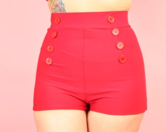 Solid Red Pin Up Style Button High Waist Sailor Swim Shorts