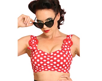 Red/White Dots Vintage Style Rounded Buckle Pin-Up Swim Top