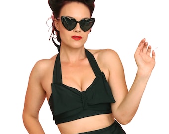 Solid Black Vintage Style Bow Halter Swim Top