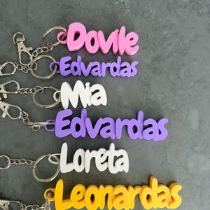 Può includere: Una collezione di sei portachiavi personalizzati con nomi in lettere colorate in rilievo. I nomi Dovile, Edvardas, Mia, Edvardas, Loreta e Leonardas sono visualizzati in rosa, viola, bianco, viola, bianco e giallo, ciascuno con un anello.