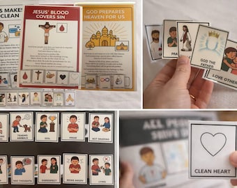 May include: Educational religious materials featuring illustrated cards and posters. The posters have titles like "Jesus Makes Us Clean" and "God Prepares Heaven For Us." The cards depict various concepts, including "Love Others" and "Clean Heart."
