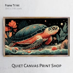 Puede incluir: Impresión enmarcada que presenta una tortuga marina con caparazón verde azulado y cuerpo naranja, sobre un fondo negro con corales y conchas. El texto "Frame TV Art" y "QUIET CANVAS PRINT SHOP" son visibles.