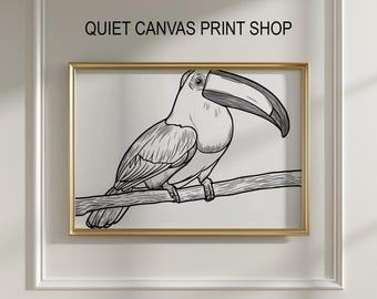 ベッペ・スパダチーニ 額装 アート 大型 オオハシ 鳥 トロピカル レトロ オオハシの線画 - 熱帯の鳥のミニマルなプリント可能なウォールアート