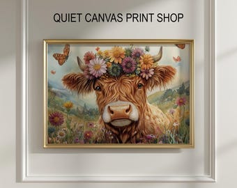 Cottagecore Highland Cow Printable - Decorazione murale rustica in stile fattoria, paesaggio pastorale con farfalle, accogliente corona di fiori selvatici