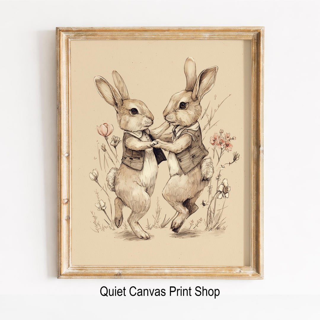 Cottage Core Rabbit Cottagecore Rabbit Dance Print – Vintage Spring Wildflower Art (digital ...