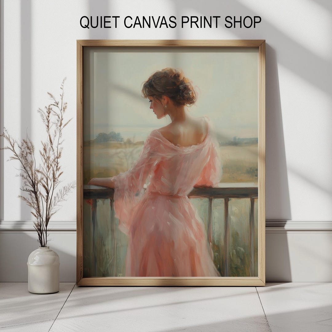Lady In Rose Lady in Rose Gown Oil Painting – Vintage Balcony Scene (digital ...