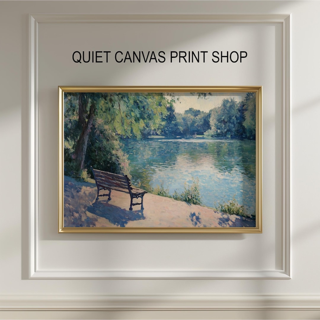 Riverside Bench Vintage Art Print – Tranquil Autumn Landscape (digital ...