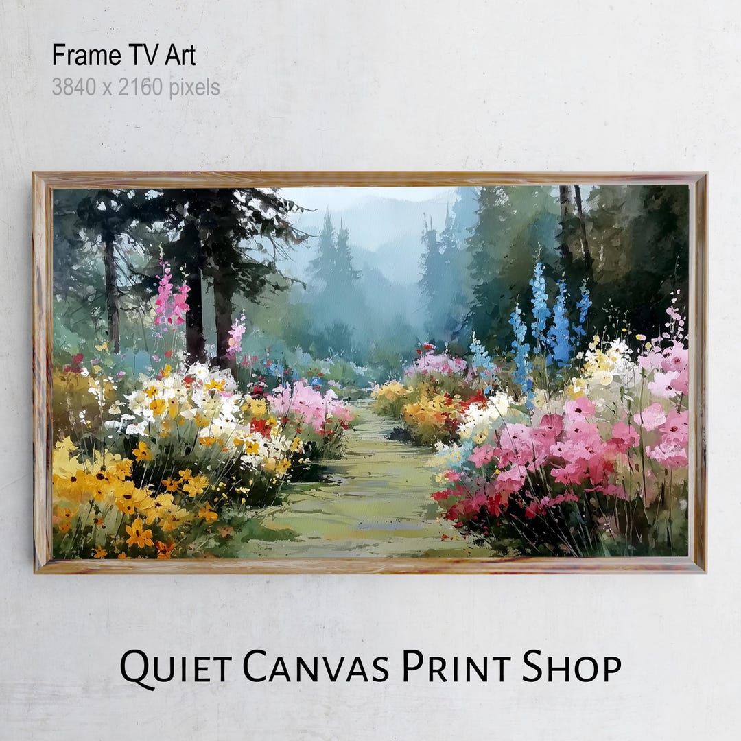 Cottagecore Garden Pathway Art, Romantic Watercolor Landscape, Vibrant ...