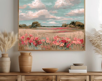 Tryck av vildblomsäng – pastelllandskap i vintagestil (digital nedladdning)