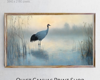Vintage Crane Painting, Moody Marsh Scene, Frame TV Art (Digital Download)