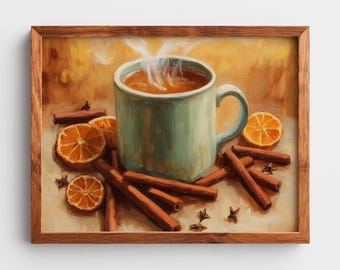 Rustic Fall Printable Wall Art of Spiced Cider Mug - Cozy Autumn Kitchen Decor, Cinnamon & Clove Still Life Painting, Digital Download
