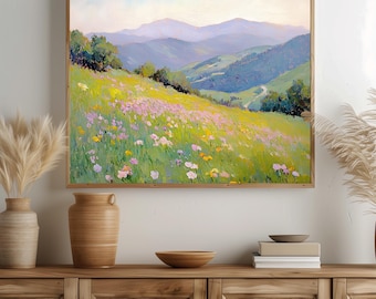 Pastoralt landskapstryck, konst med vildblommande äng, fridfullt vårlandskap (digital nedladdning)