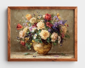 Vintage Floral Still Life Print – Rustic Bouquet in Vase (Digital Download)
