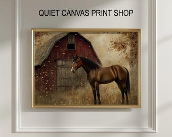 Vintage print paard en schuur - rustieke boerderij herfstlandschap (digitale download)