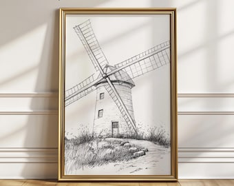 Rustic Windmill Landscape, Printable Farmhouse Art, Cottagecore Pencil Sketch, Monochrome Vintage Style Decor, Digital Art Download