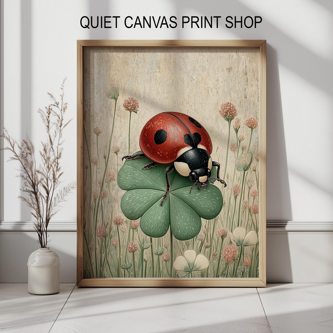 Vintage Ladybug Four-leaf Clover Print – Cottagecore Nursery Art ...