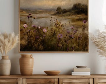 Vintage-Style Wildflower Meadow Landscape Art Print – Farmhouse Decor (Digital Download)