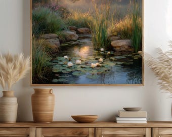 Water Lily Pond Print - Rustic Cottagecore Landscape (Digital Download)
