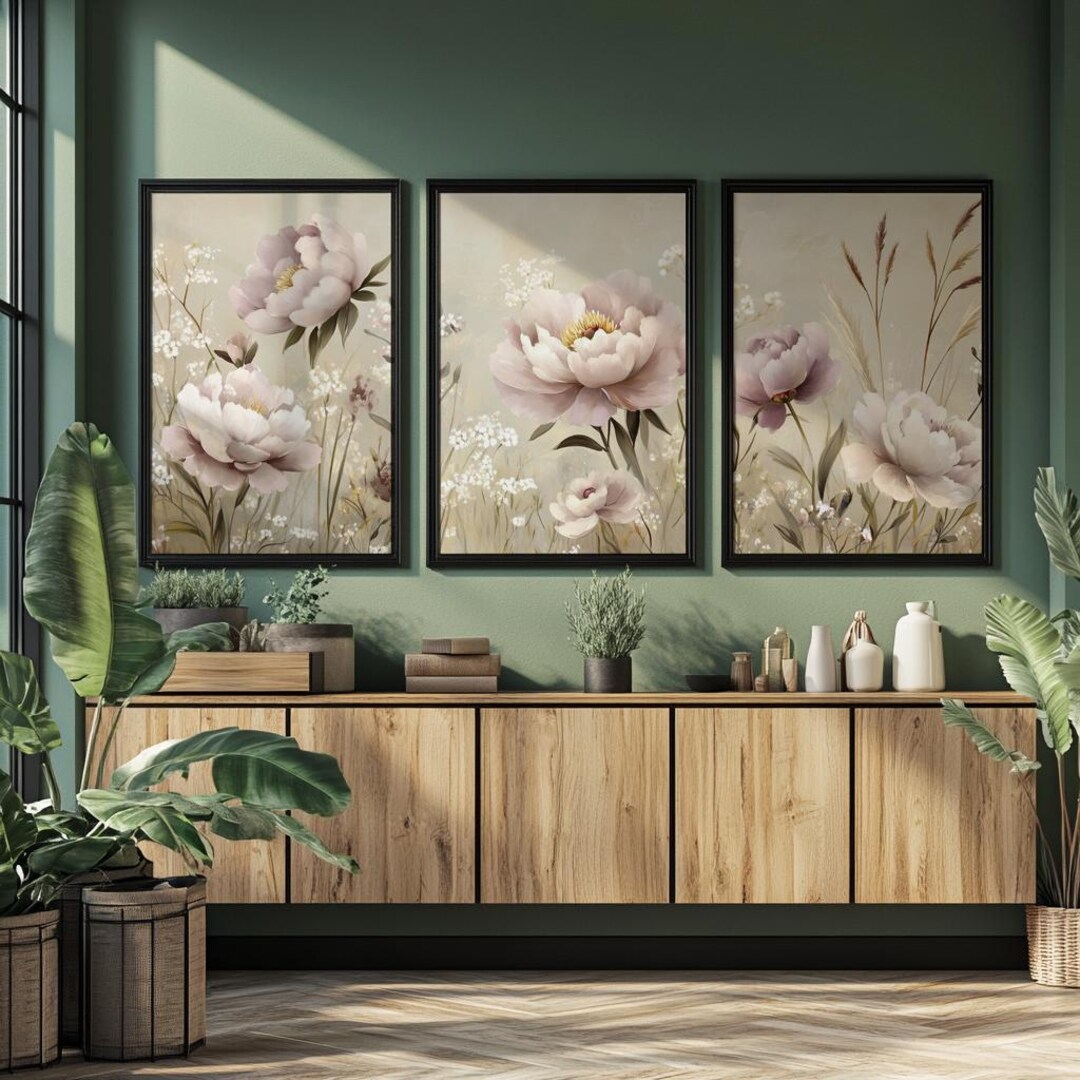Japandi Floral Wall Art Triptych Set of 3, Modern Neutral Botanical ...