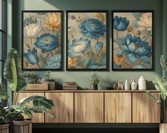 Rustic Teal Blue Floral Prints, Cottagecore Botanical Wall Art (Digital Download)