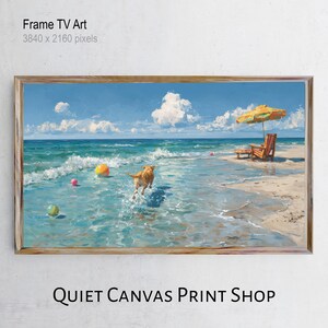 May include: A framed print of a beach scene with a golden retriever running in the water. The artwork features a yellow umbrella, beach chair, and colorful beach balls. The text "Frame TV Art" and "QUIET CANVAS PRINT SHOP" are visible.