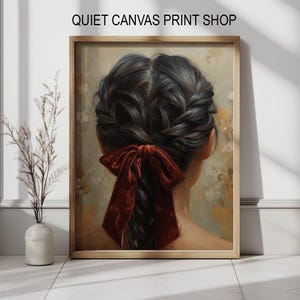 Vintage Braided Hair Portrait Print - Velvet Bow, Floral Art (Digital Download)