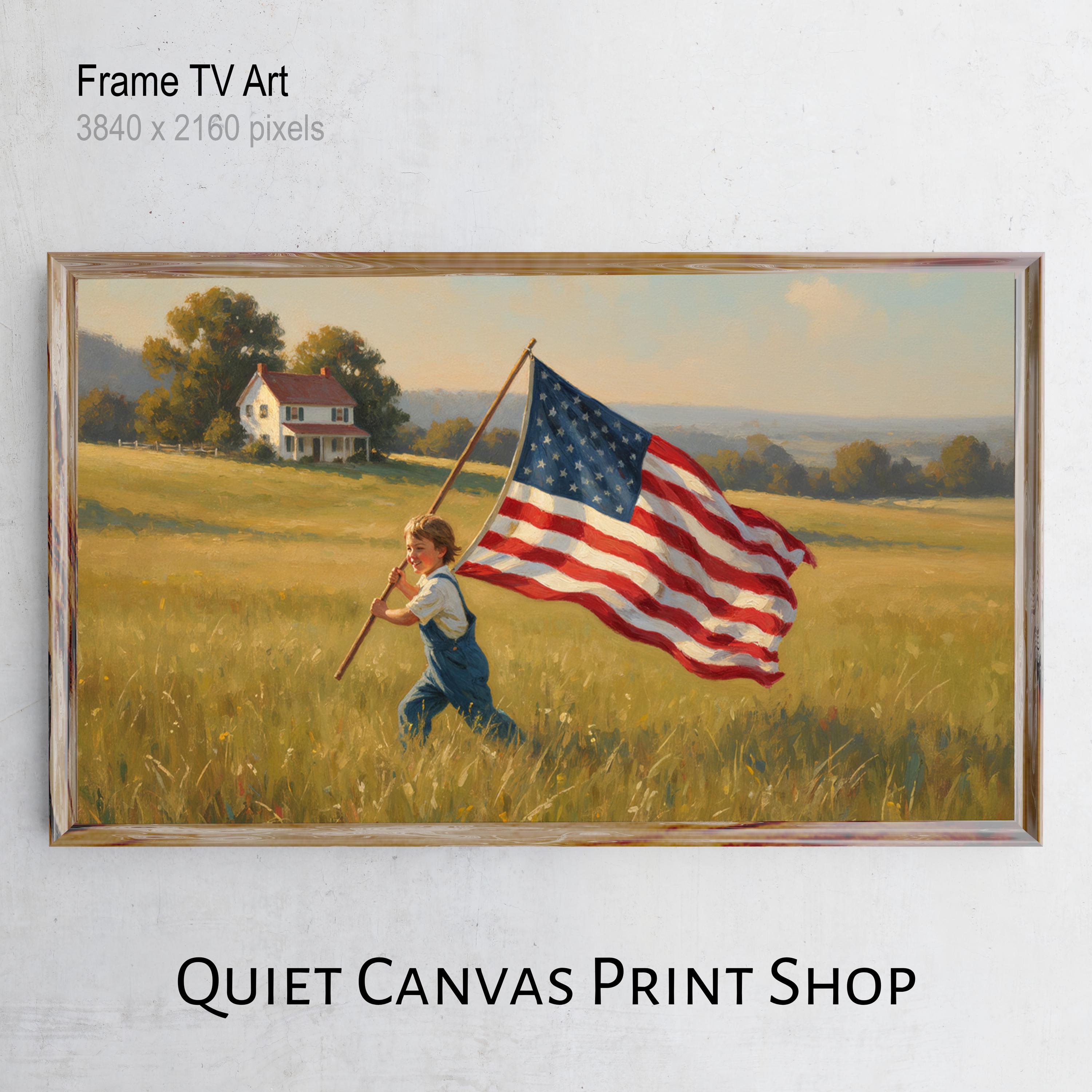 Vintage Americana Frame TV Art, Patriotic Boy Flag Scene, July 4th
