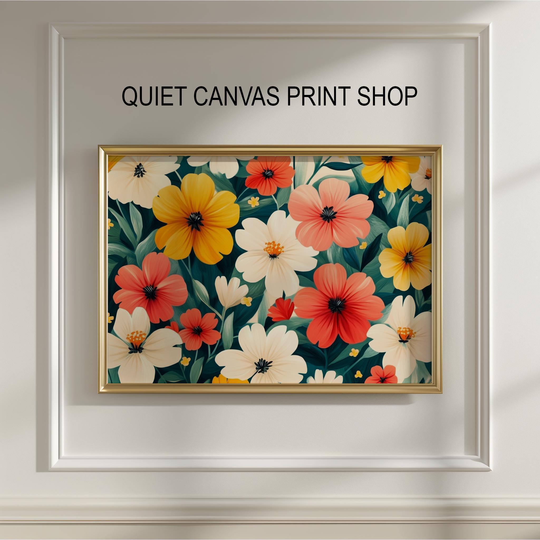 Japanese Floral Art Print - Coral, Yellow & Red Blooms (digital