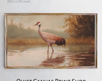 Vintage Crane Painting, Rustic Frame TV Art (Digital Download)
