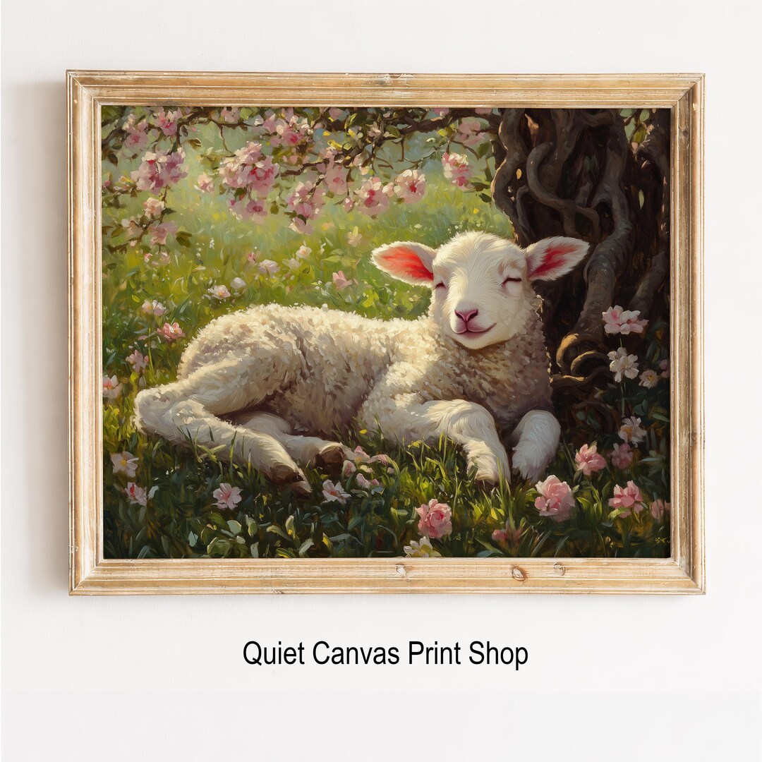 Vintage Lamb Painting – Cozy Cottagecore Orchard Artwork (digital