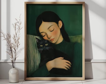Cozy Vintage Portrait with Black Cat, Serene Woman, Soft Muted Green Colors, Calm Painting, Printable Art, Digital Download Home Decor