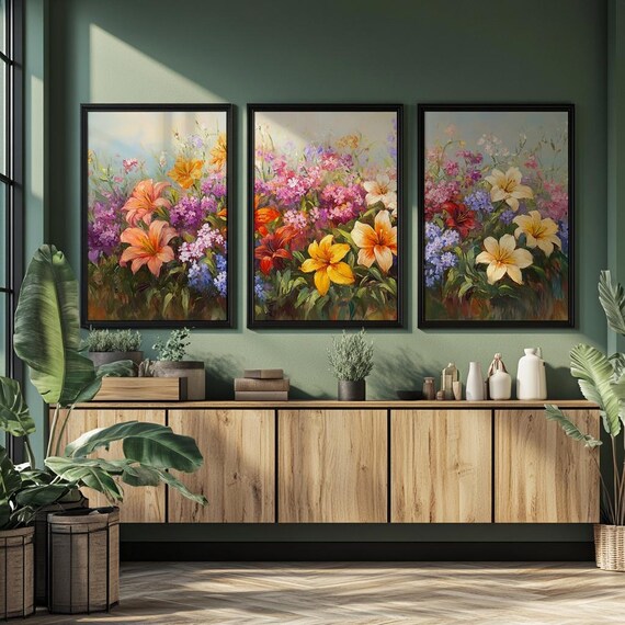 Romantic Garden Canvas Art Printable Set of 3, Cottagecore