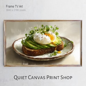 Puede incluir: Impresión enmarcada de tostada de aguacate con huevo escalfado, microgreens y condimentos en un plato. La obra de arte es una pintura digital con un fondo neutro. El texto "Frame TV Art" y "Quiet Canvas Print Shop" son visibles.