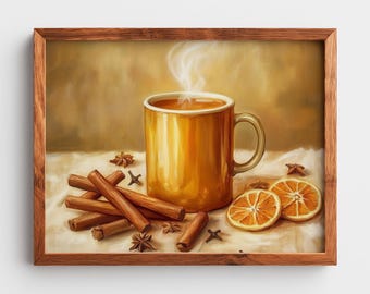 Rustic Printable Autumn Wall Art - Cozy Mug of Spiced Cider, Cinnamon Sticks, Festive Fall Still Life Decor, Warm Farmhouse Download