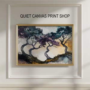 Puede incluir: Una impresión en lienzo enmarcada que presenta una pintura de acuarela de árboles estilizados con follaje púrpura, verde azulado y negro. La obra de arte está ambientada sobre un fondo suave y neutro con un marco dorado. El texto "QUIET CANVAS PRINT SHOP" está encima del marco.