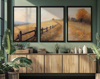 Autumn Hillside Landscape Print Set, Triptych Wall Art (Digital Download)