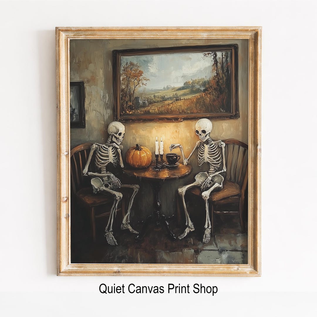 Skeleton Making Tea Vintage Halloween Skeleton Tea Scene, Spooky Gothic Home Decor Art ...