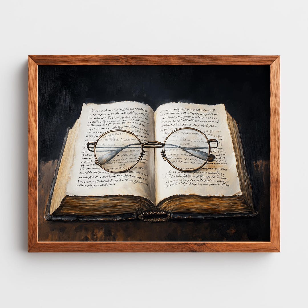 Vintage Book and Spectacles Painting – Cozy Rustic Still Life Art ...