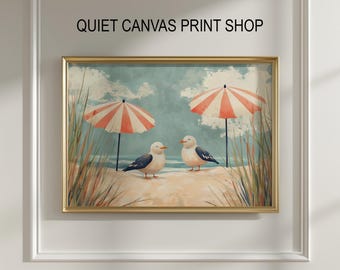 Zeemeeuwen op zandstrand: vintage muurkunst kust (digitale download)