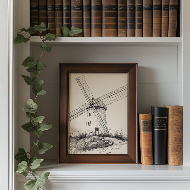 Rustic Windmill Drawing Rustic Windmill Landscape, Printable Farmhouse Art, Cottagecore Pencil ...