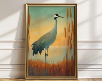 Autumn Sandhill Crane Printable Painting - Moody Rustic Marsh Scene, Warm Golden Fall Colors, Earthy Digital Wildlife Art Download